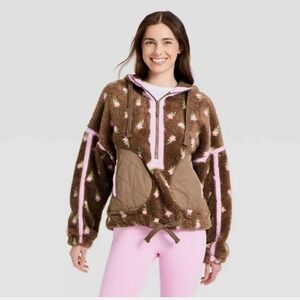 Women's Contrast High Pile 1/2 Zip Jacket - JoyLab Small Brown Floral